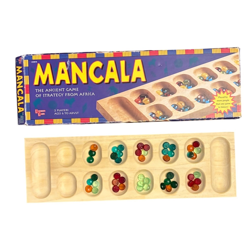 Mancala‎ Ancient Strategy Game Wood Board Glass Stones UG9916 Complete Vintage